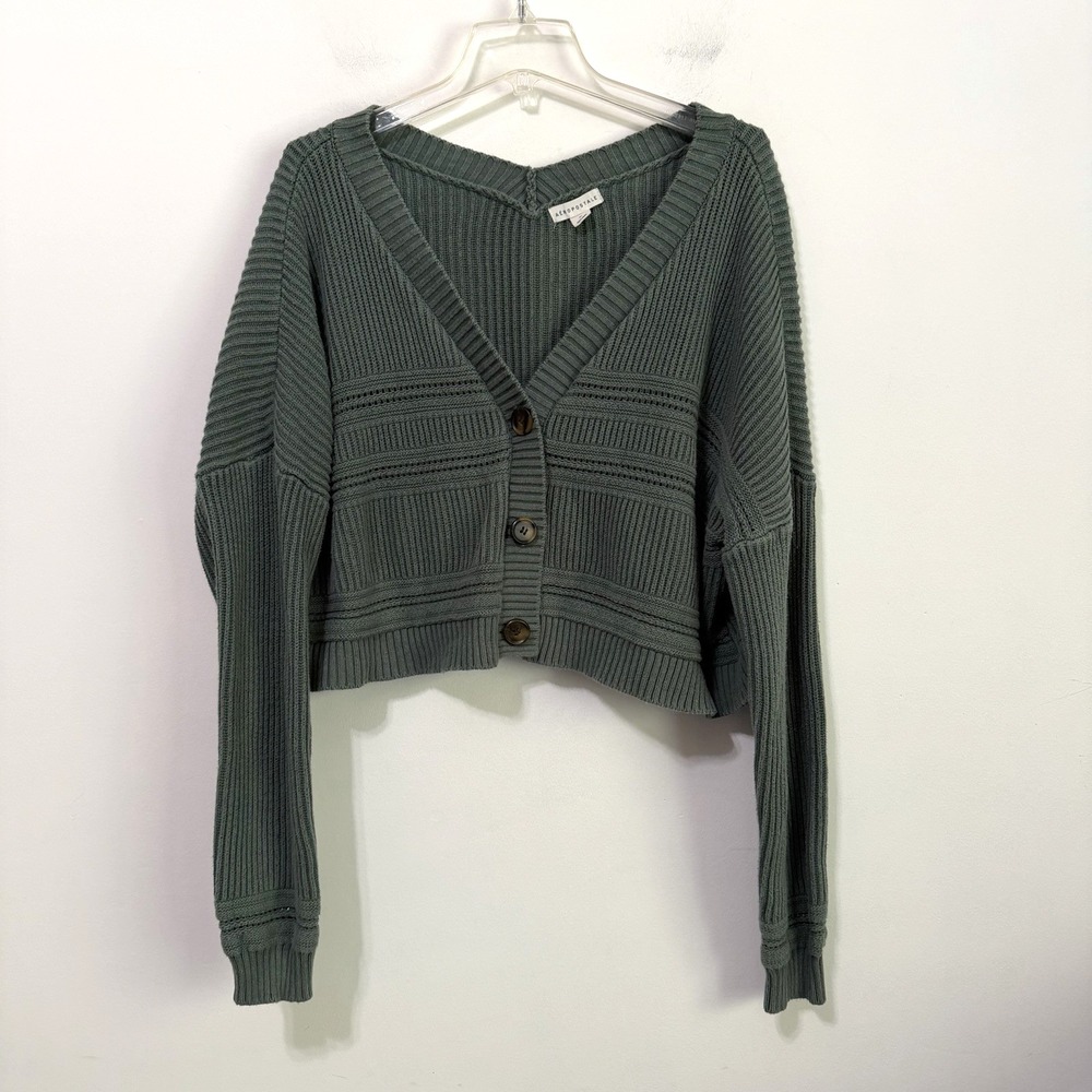 Aeropostale Green Ribbed Cropped Cardigan Sweater Small XL Long Sleeve V Neck